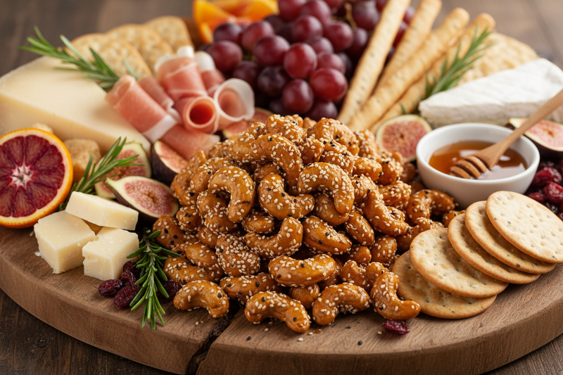 caramel cashews with sesame seeds on a grazing board
