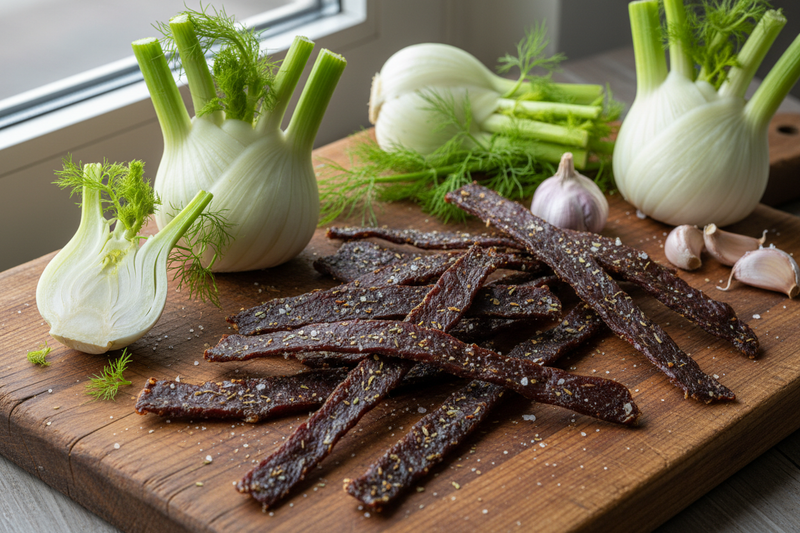 Garlic and fennel jerky strips on a wooden board with fresh fennel and garlic cloves