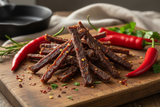 steak strips jerky on a wooden board with chilli flakes and fresh chillies and leaves